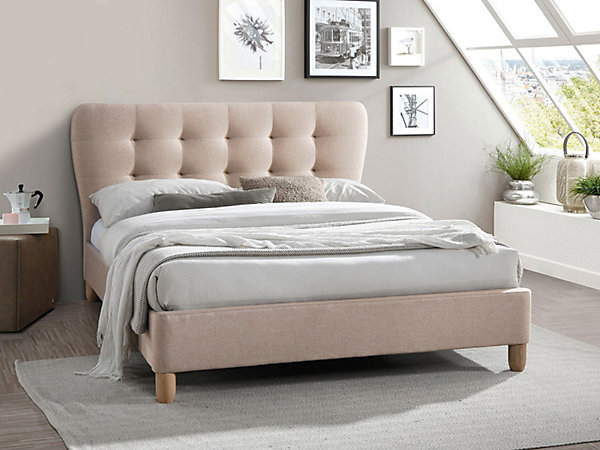Lit 140 x 190 cm avec tête de lit capitonnée - Tissu - Beige   Matelas - ELIDE