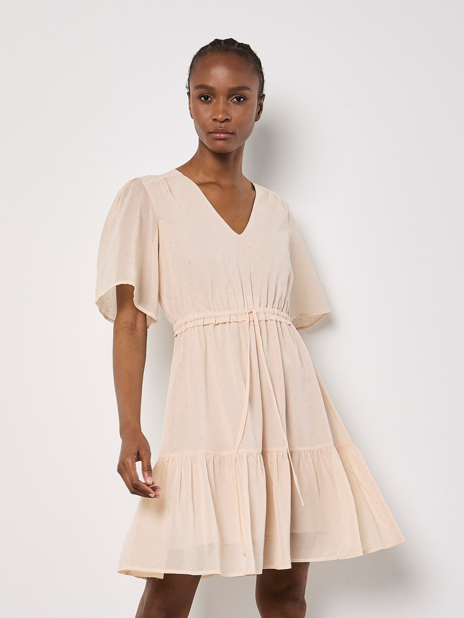 Apricot Diamante Chiffon Mini Dress