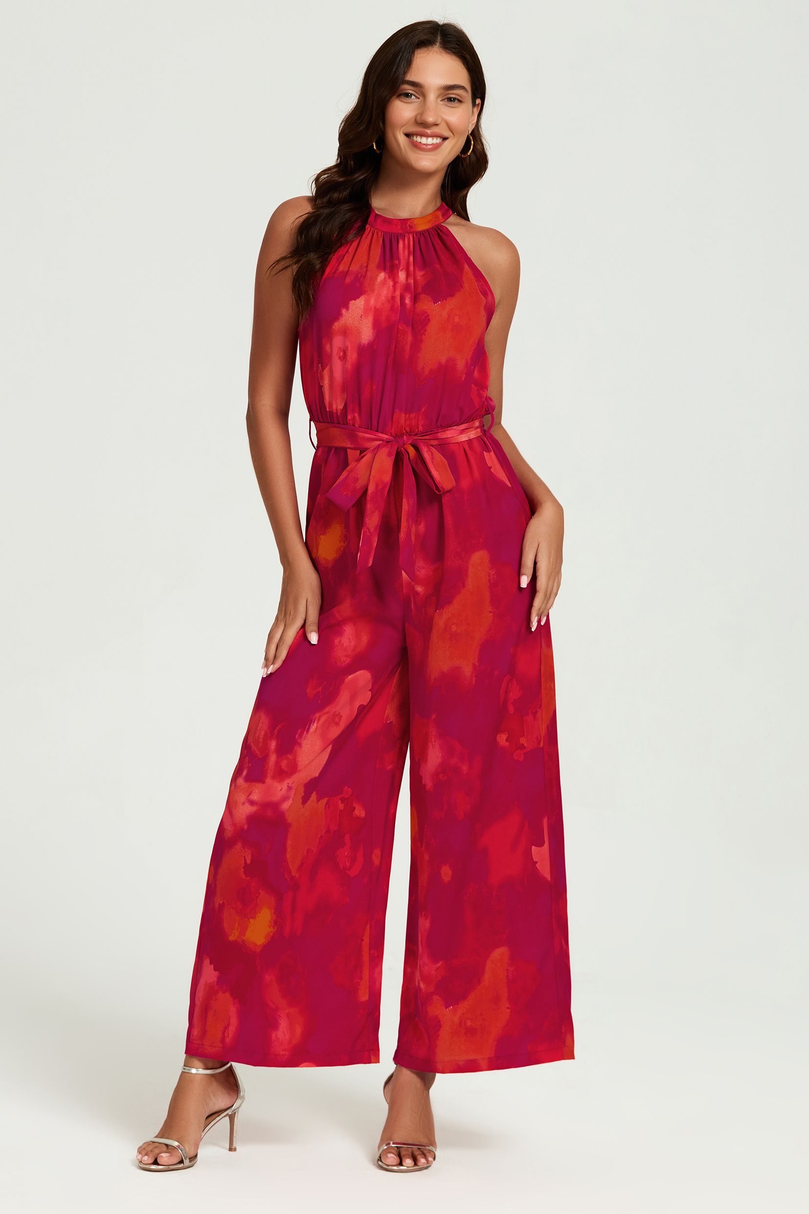 FS Collection Abstract Print Halter Neck Jumpsuit In Red