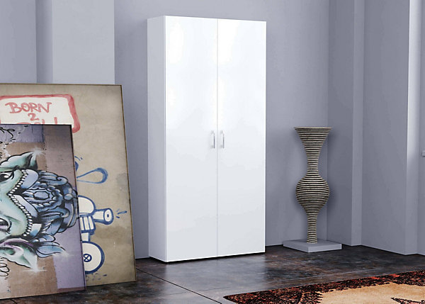Etagere à chaussures Simone, Armoire polyvalente avec 2 portes et Etageres internes, 91x33h190 cm, Blanc brillant