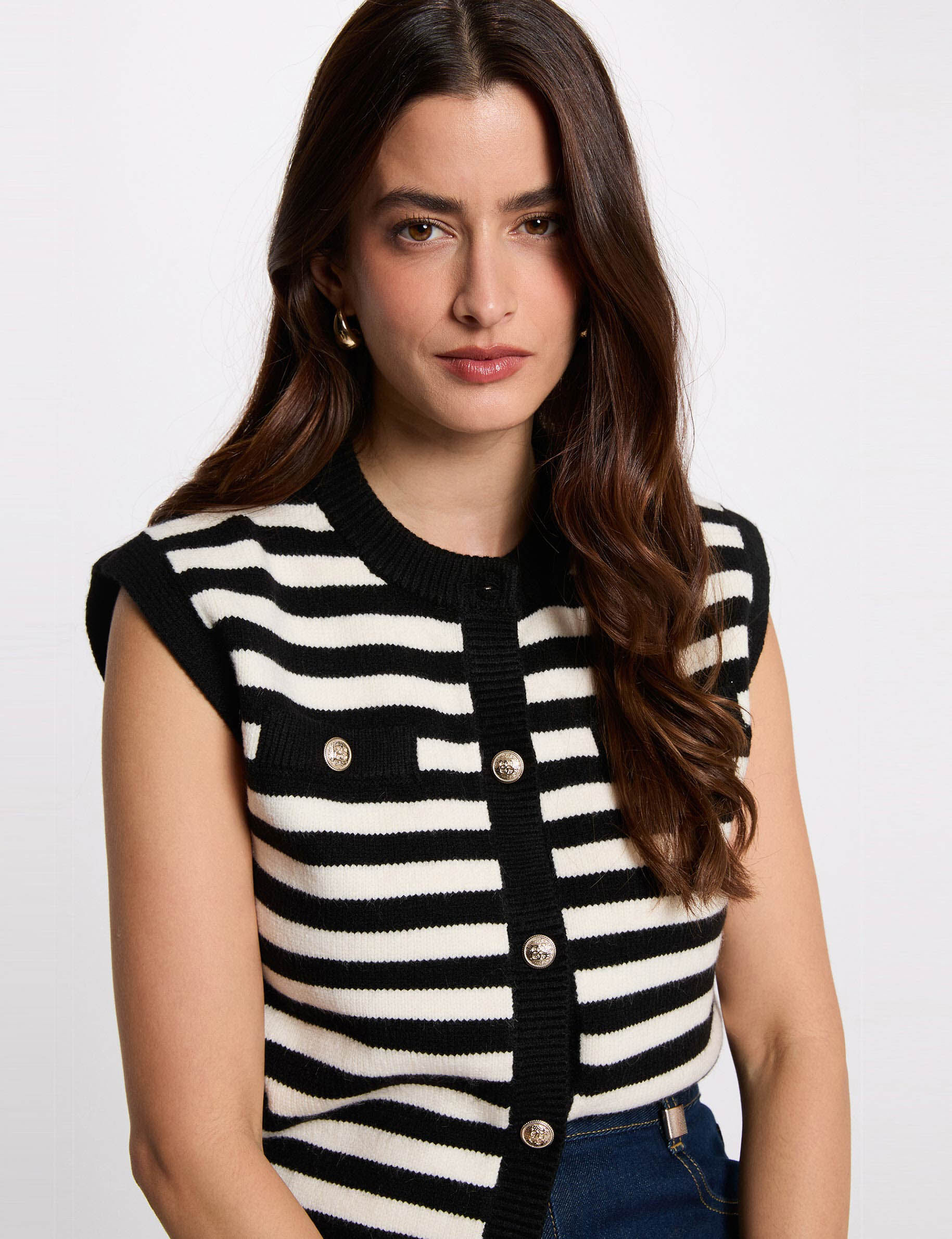 Striped Sleeveless Cardigan Ivory Women