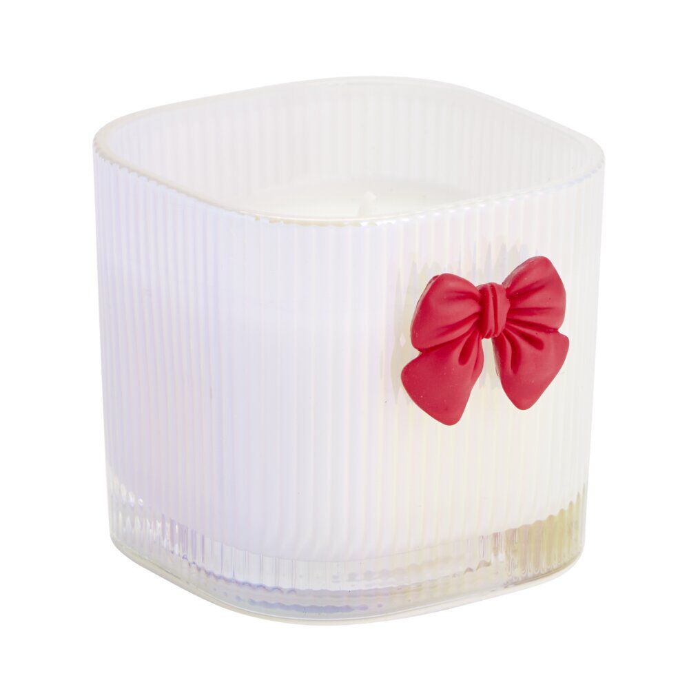 Bougie pot en verre strié avec noeud décoratif 7x7xH6,5cm (2 modèles blanc ou rose)