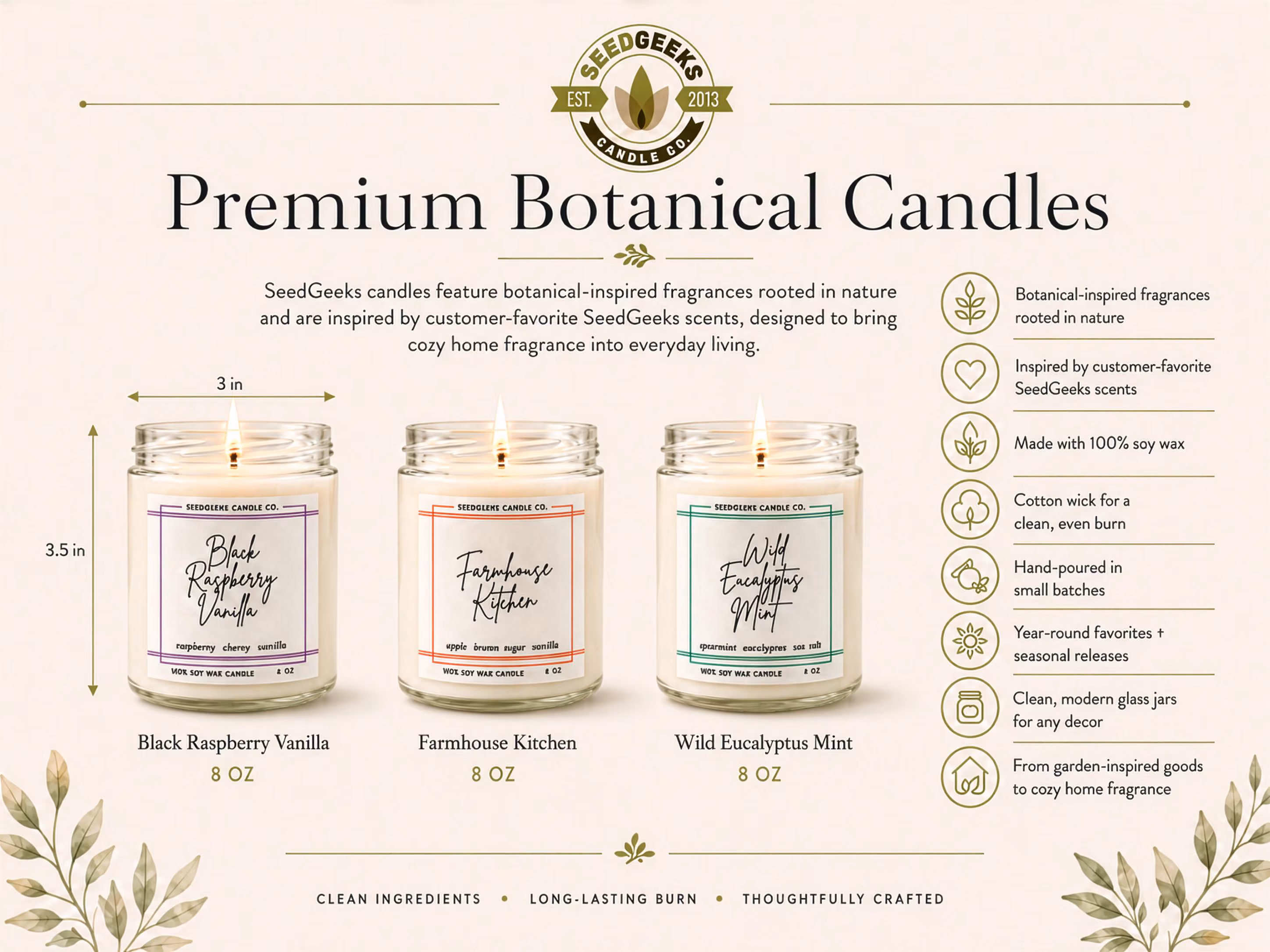 Soy Wax Candle | 8 oz Hand-Poured Botanical Candle, Choose Your Scent, Seasonal Fragrances, Gift