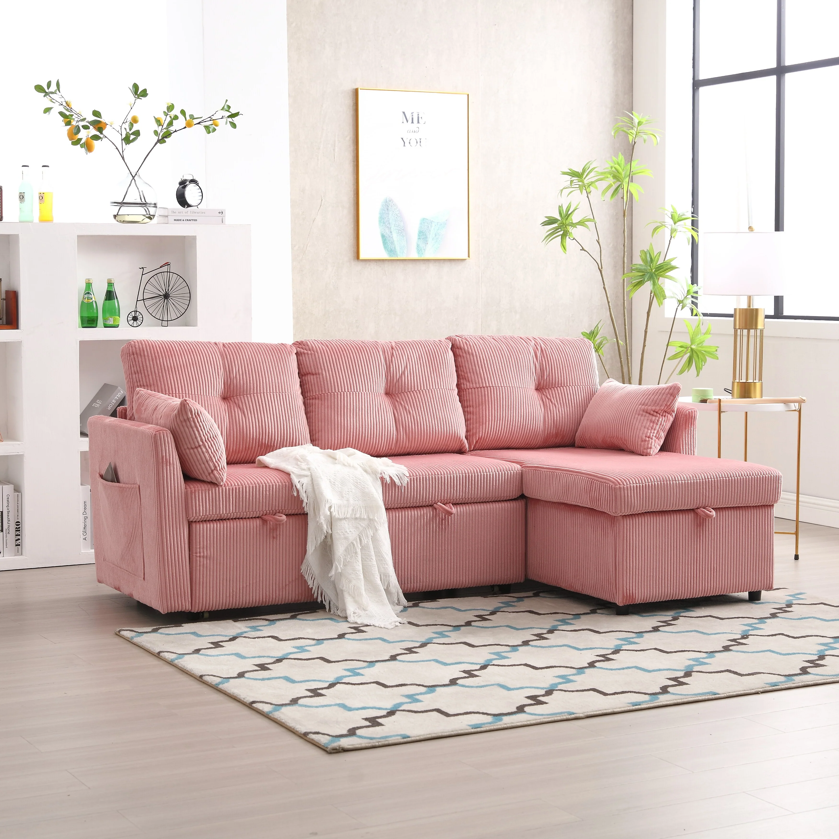 Pink 81.1'' L-Shaped Fabric Sofa with Reversible Chaise, Storage, Solid Wood Frame, and Foam Seating