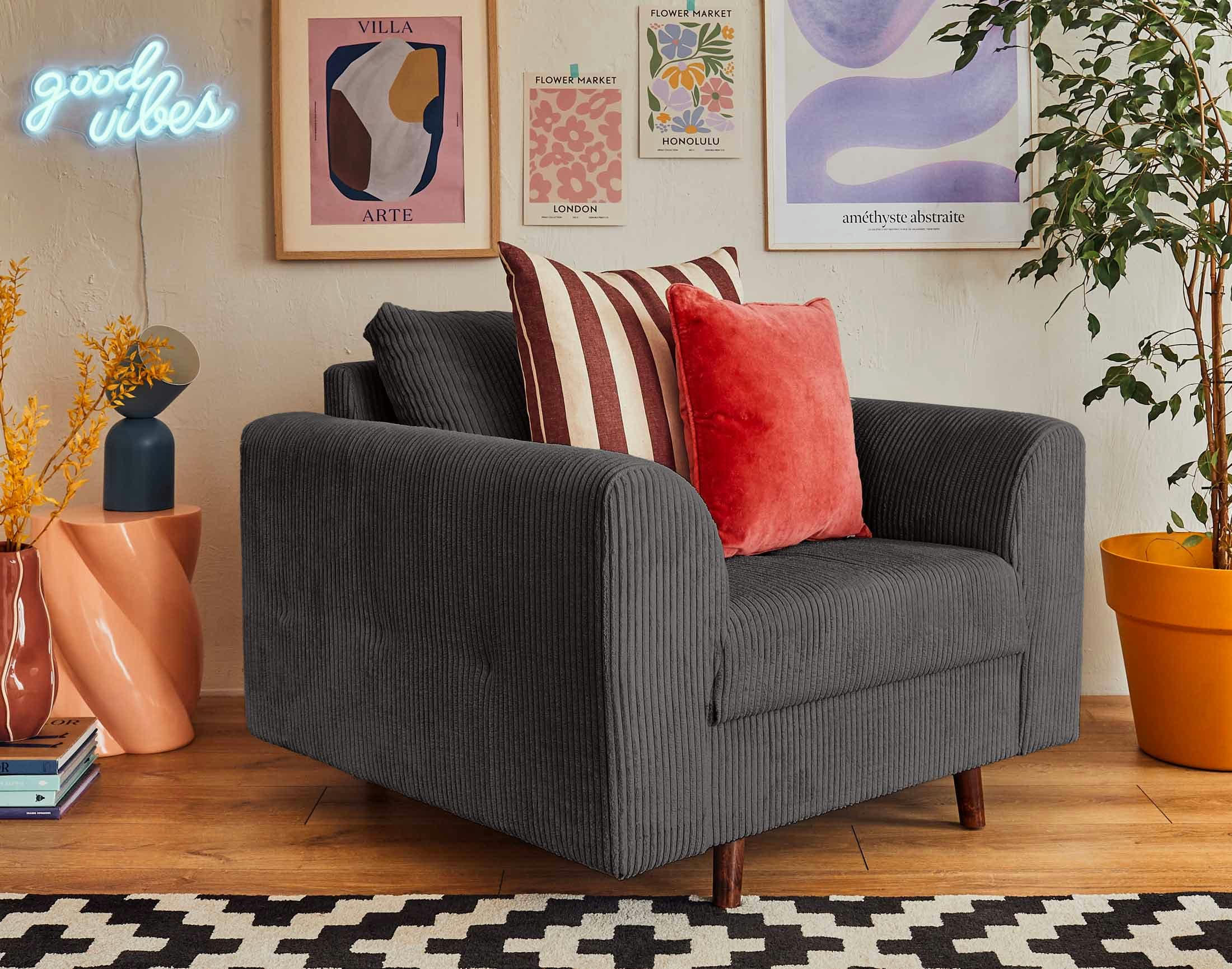 RUNE - Fauteuil en velours côtelé gris foncé