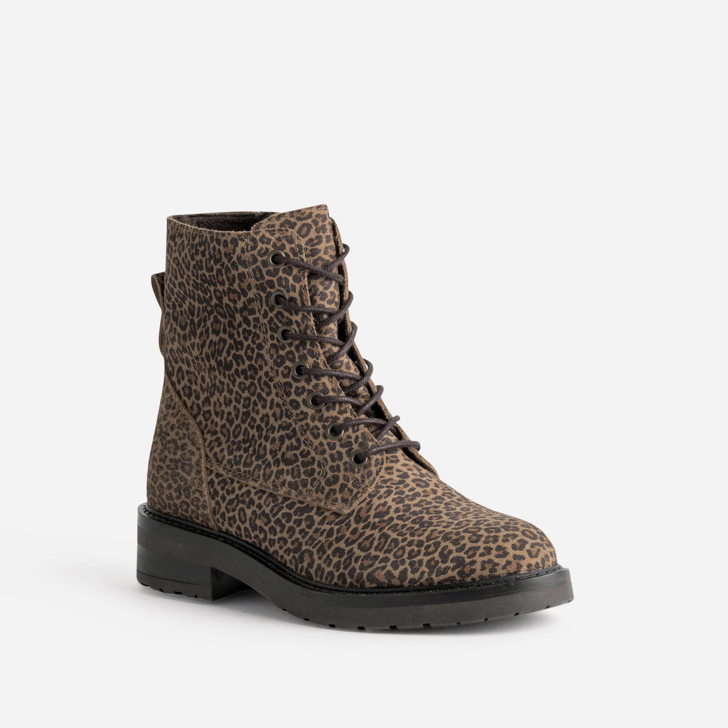 Bottine à lacet beige cuir velours à motif léopard
