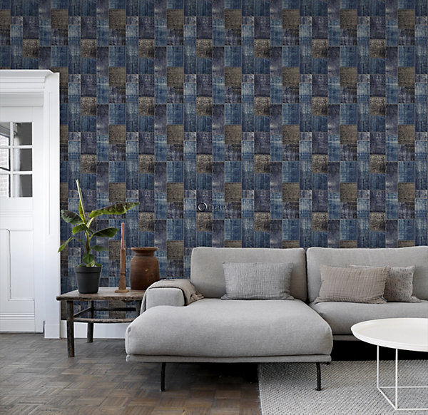 Origin Wallcoverings papier peint motif kilim taupe et bleu 53 cm x 10.05 m