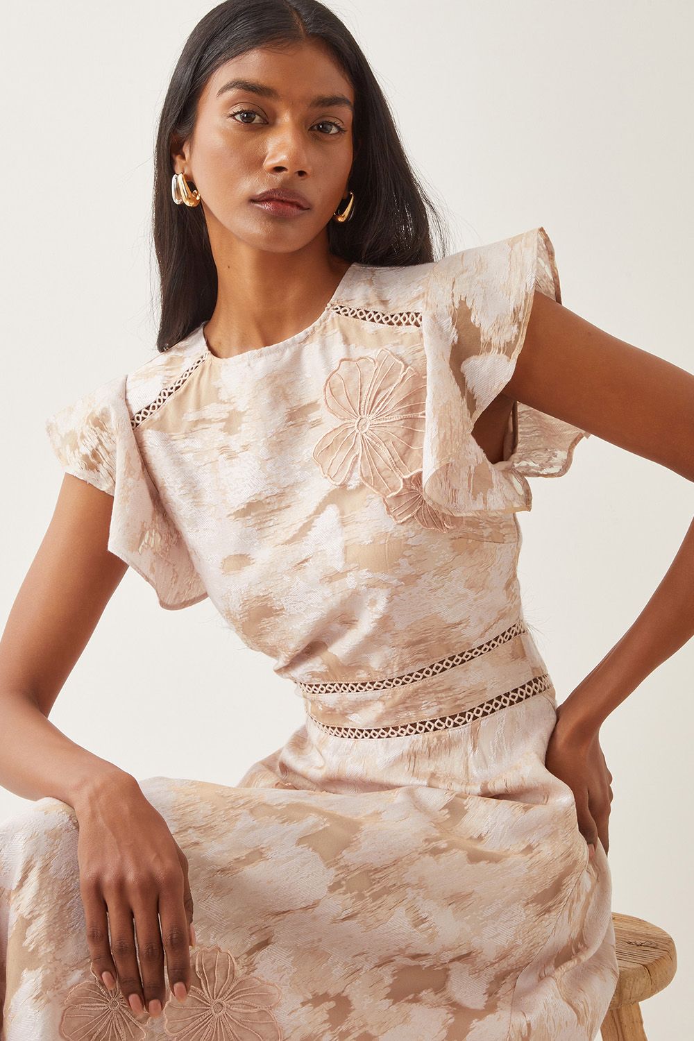 Monsoon Josie Flutter Sleeve Floral Jacquard Midi Dress Blue