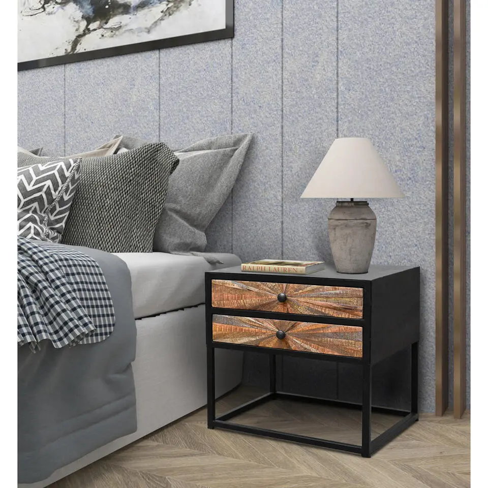 Madira - Nachtkastje met 2 laden in mangohout / zwart metaal