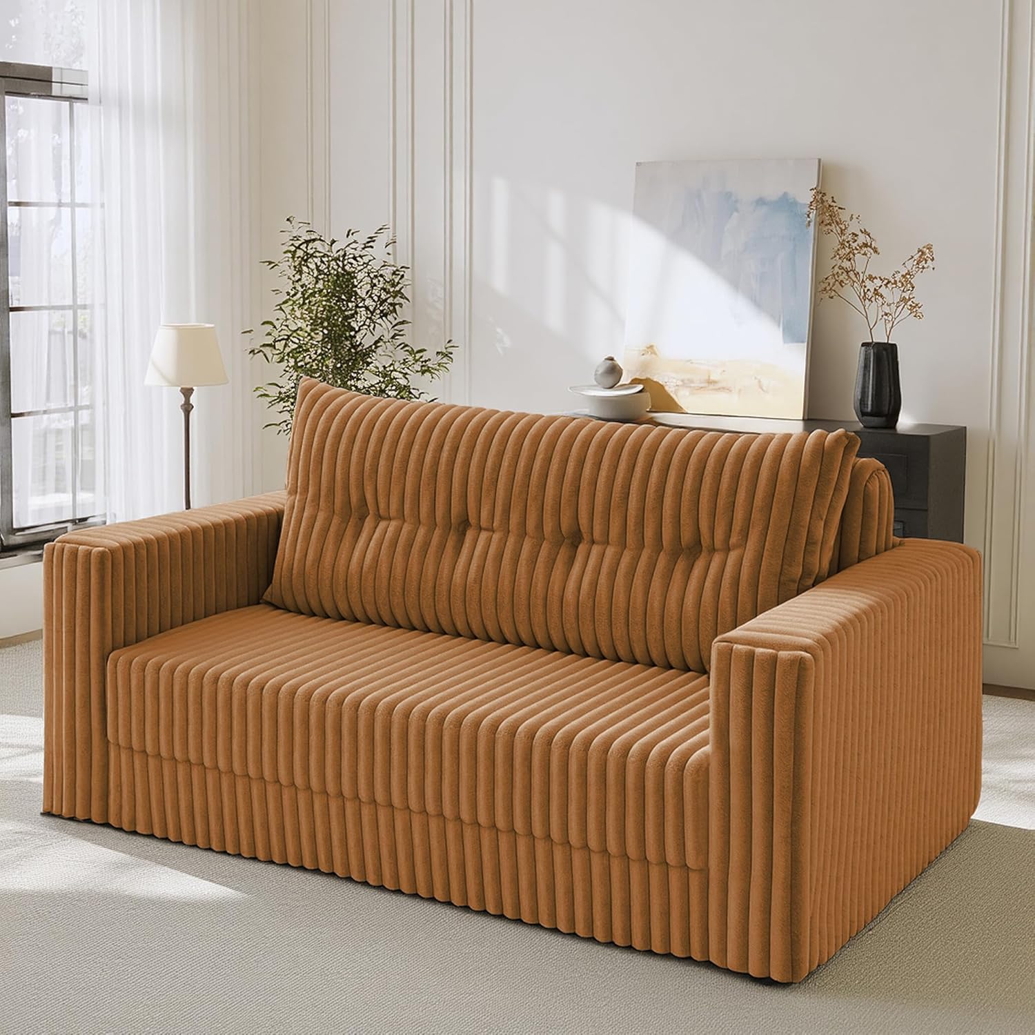 HABUTWAY Folding Sofa Bed, 2 in 1 Convertible Sleeper Chair with Pillow, Portable Fold Out Chair Bed with Armrest, Comfy Floor Couch, Lazy Sofa for Living Room Bedroom Dorm Home Office, Orange