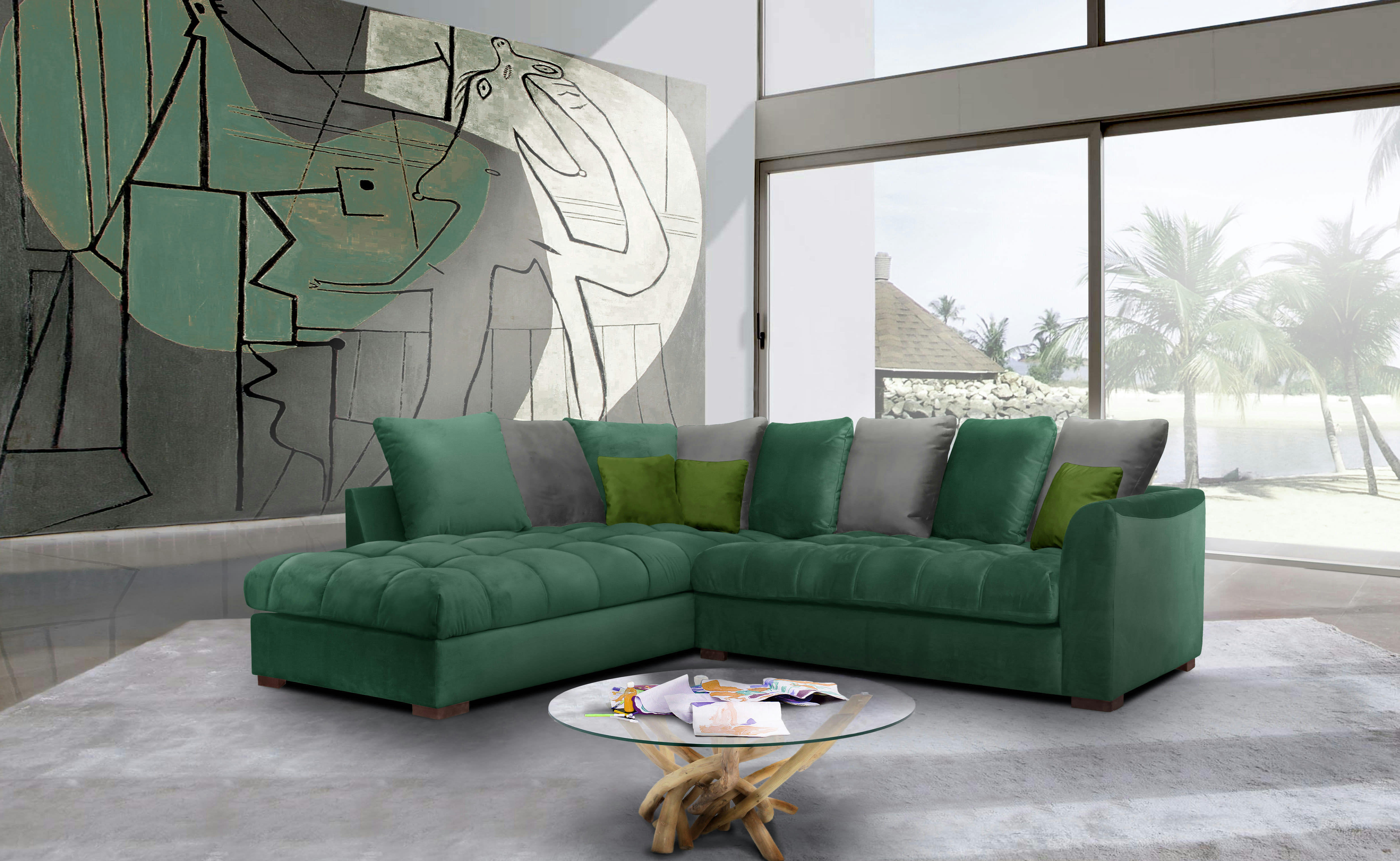 BARDI - Canapé d'angle gauche 5 places tissu vert