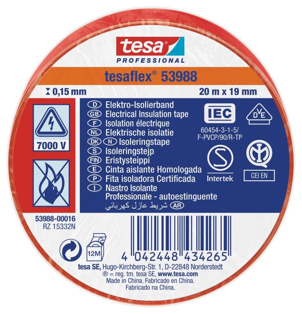 ISOLERINGSTAPE TESA 20MX19MM RØD