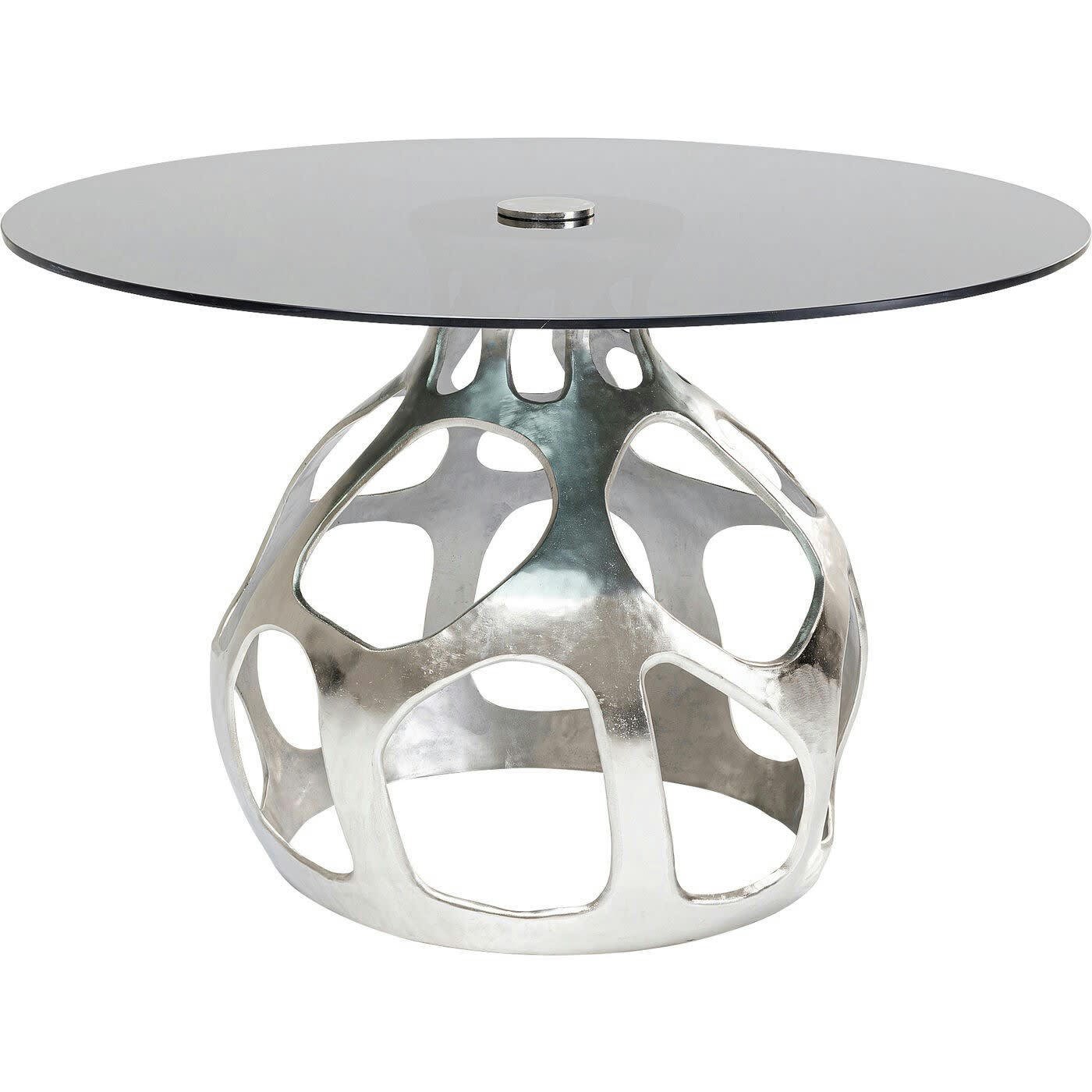 VOLCANO - Table à manger 6 personnes en alu argenté et verre noir D120