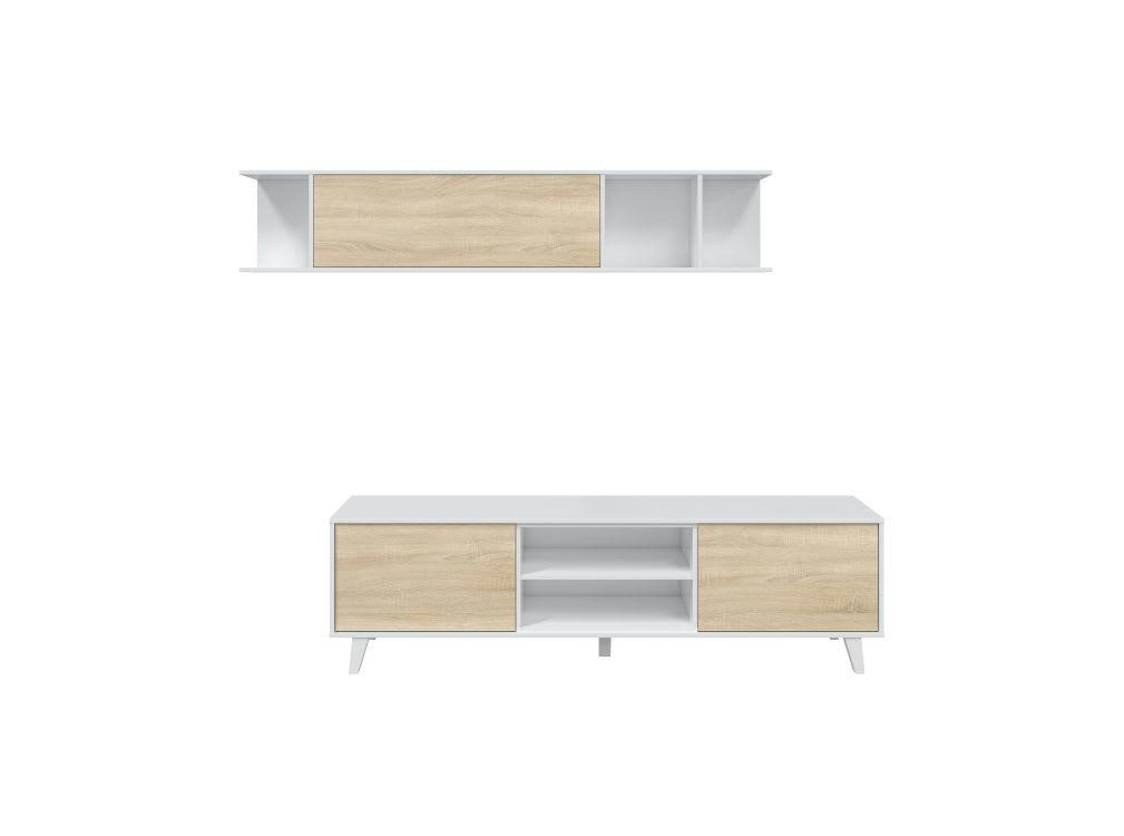 ABBY - Meuble TV blanc/bois 2 portes, 2 niches et étagère murale L180cm