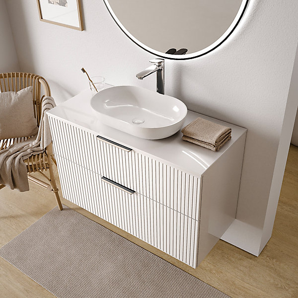Meuble sous vasque suspendu MDF Blanc mat strié 100x46x62cm, Plan lavabo Anthracite mat   2 tiroirs poignée Chrome - TIM100