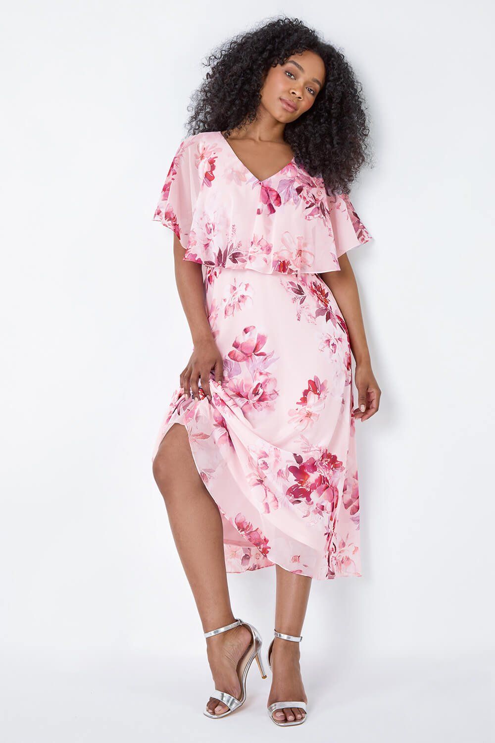 Roman Petite Floral Cape Chiffon Midi Dress