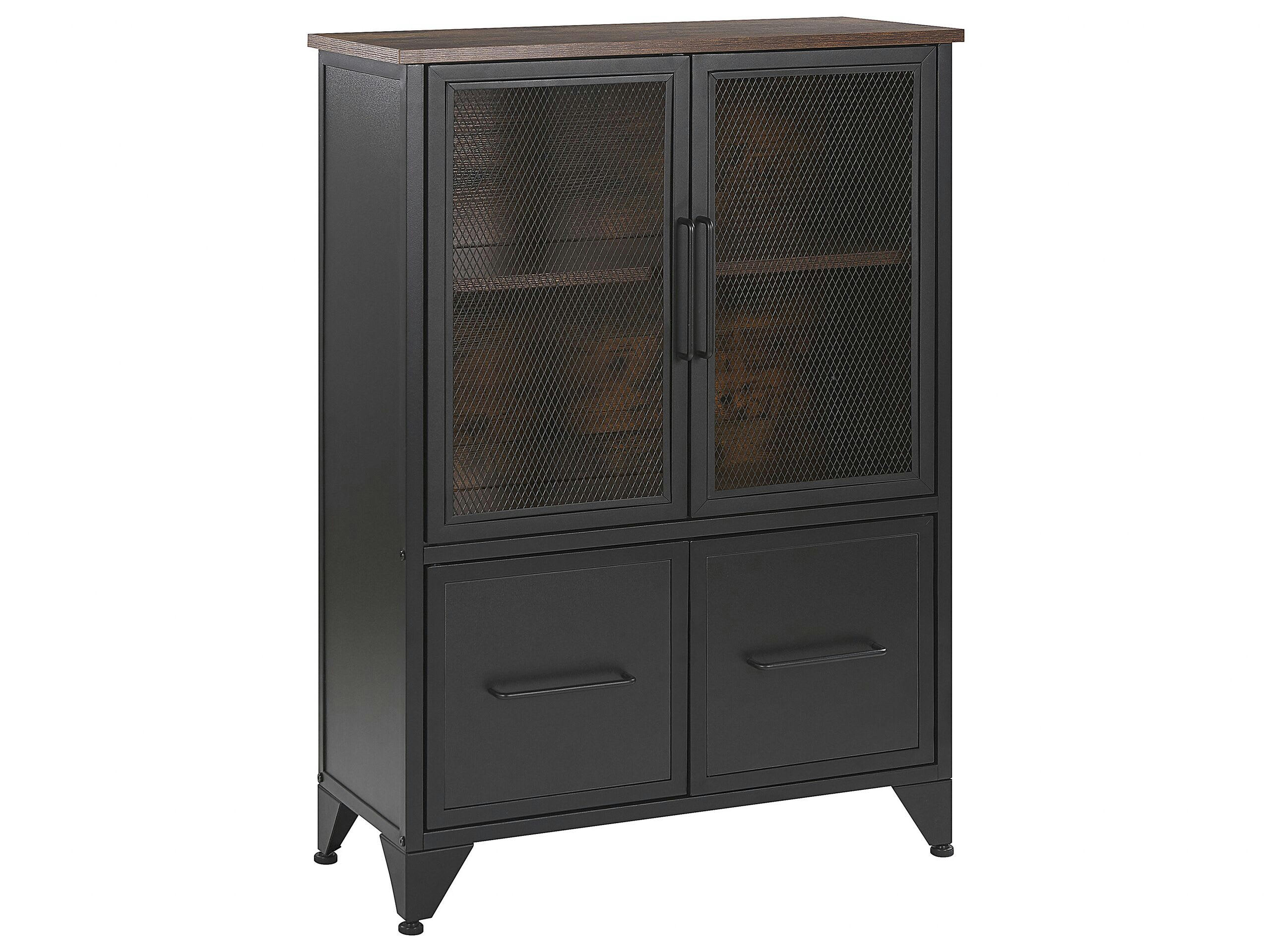 VINCE - Commode à maillage en métal 4 portes noire effet bois foncé