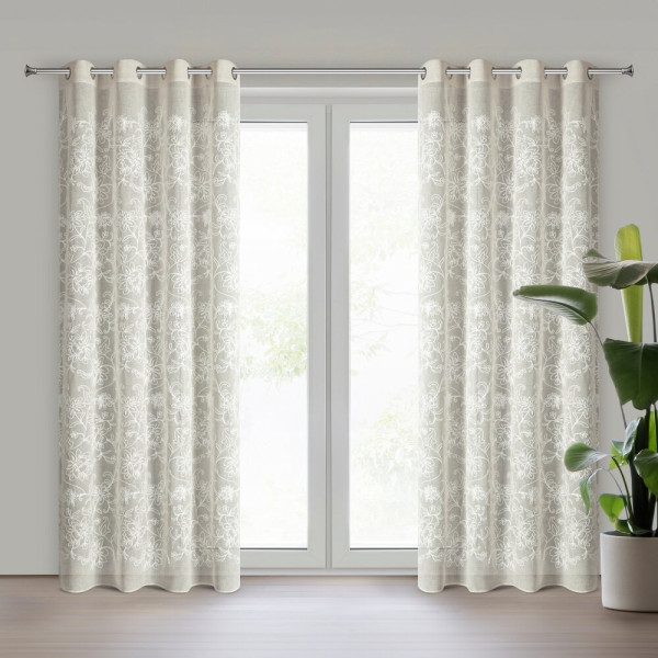 Zasłona LILY 140x250 cm beżowa haftowane kwiaty przelotki