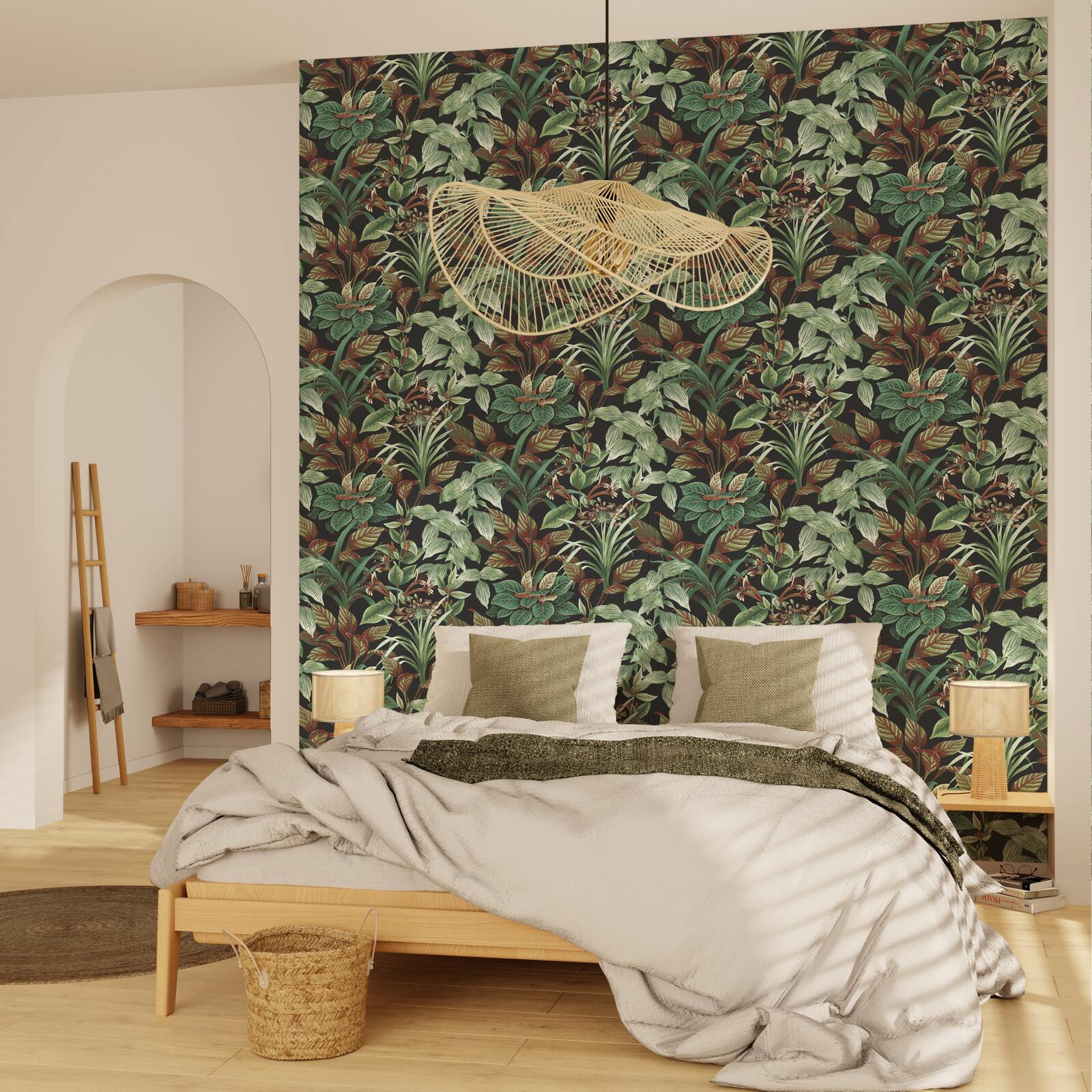 4MURS Papier peint intissé POLYNESIA vert et rouge grenat