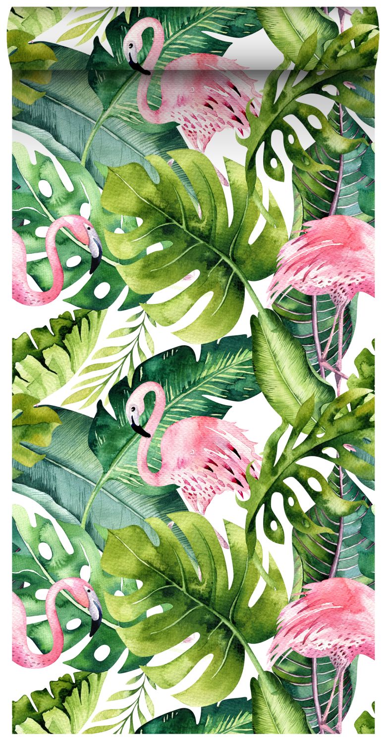 ESTAhome XXL behang tropische bladeren met flamingo's groen en roze - 50 x 900 cm - 158895