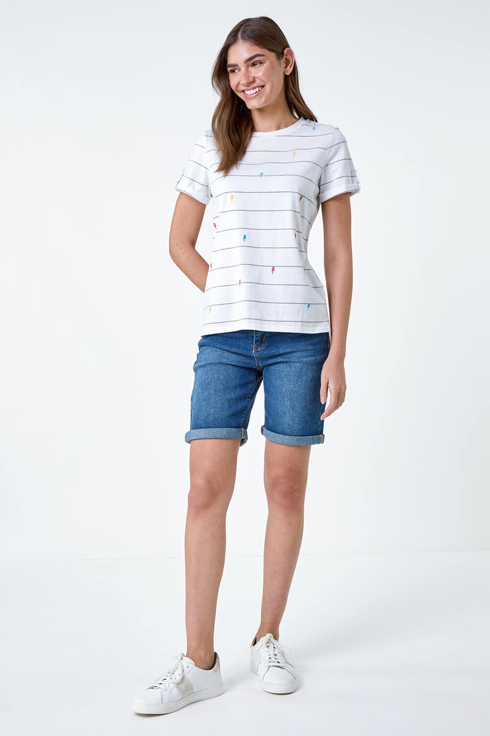 Roman Lightning Embroidery Stripe Stretch T-Shirt