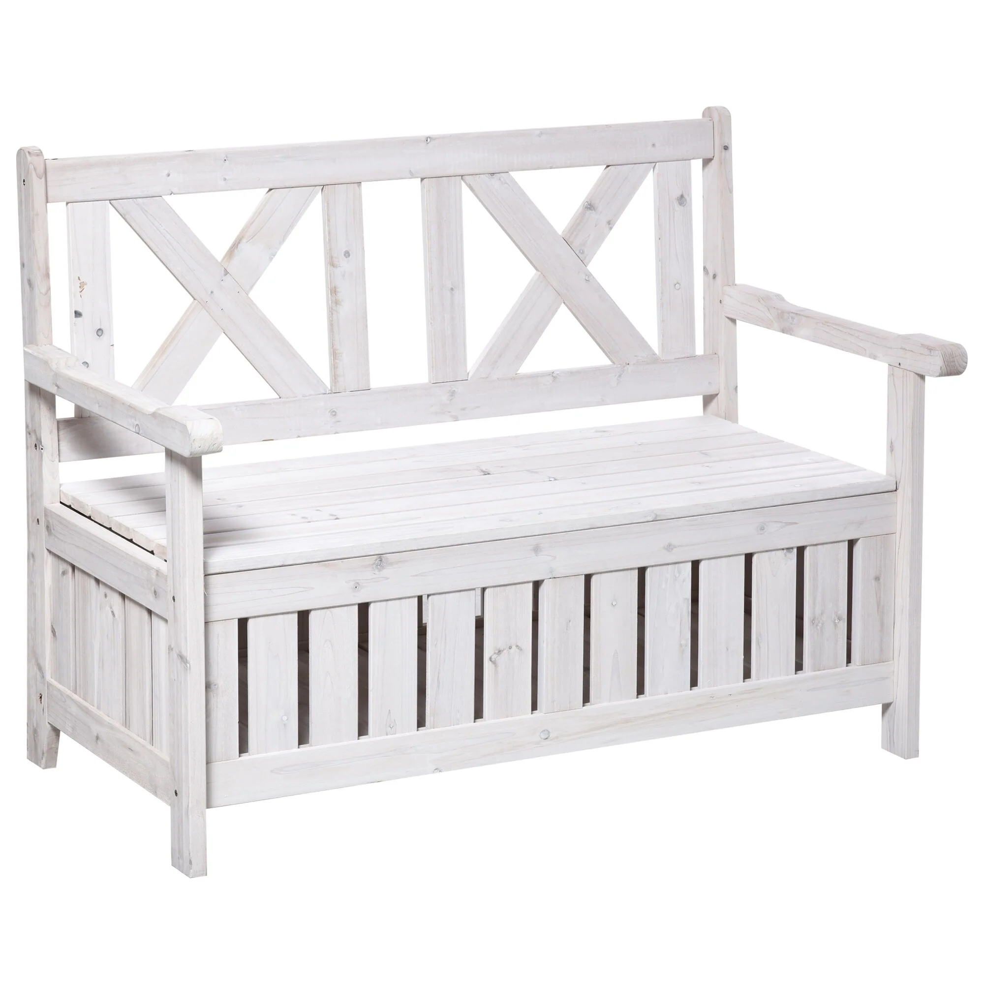 Cream White Rustic Solid Fir Wood Storage Boxes with Bench and 4 Wooden Legs for Porch Deck Garden and Balcony