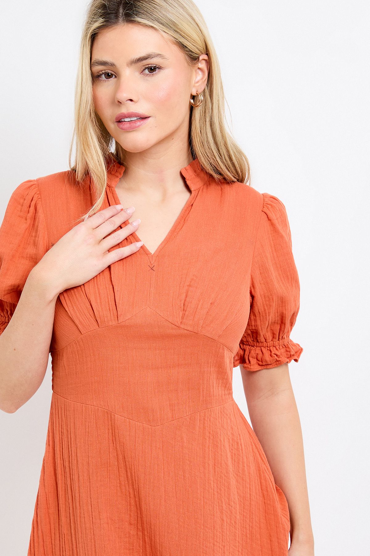 Dorothy Perkins Petite Orange Lace Trim V Neck Puff Sleeve Midi Dress