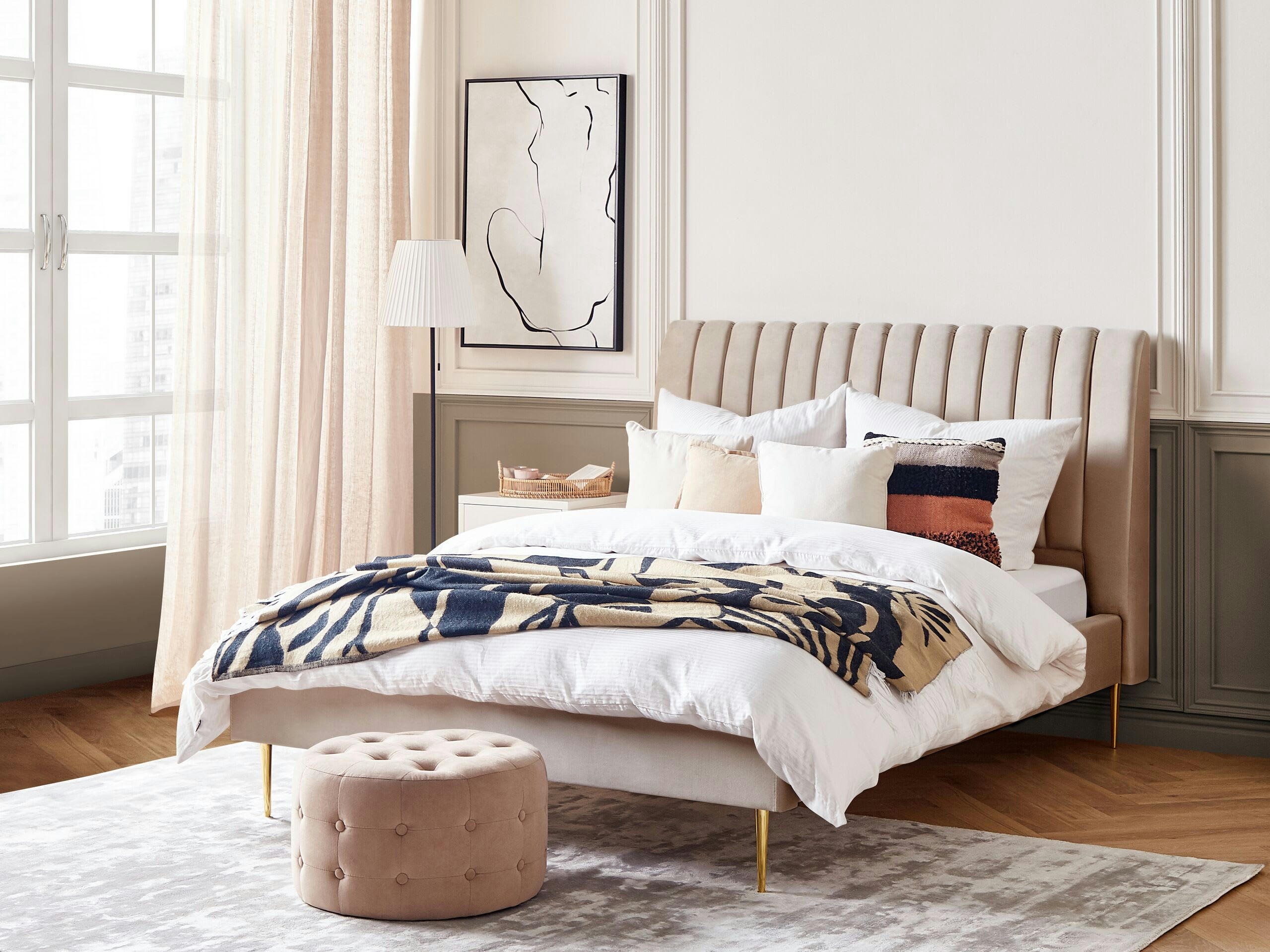 MARVILLE - Lit double en tissu beige 140x200