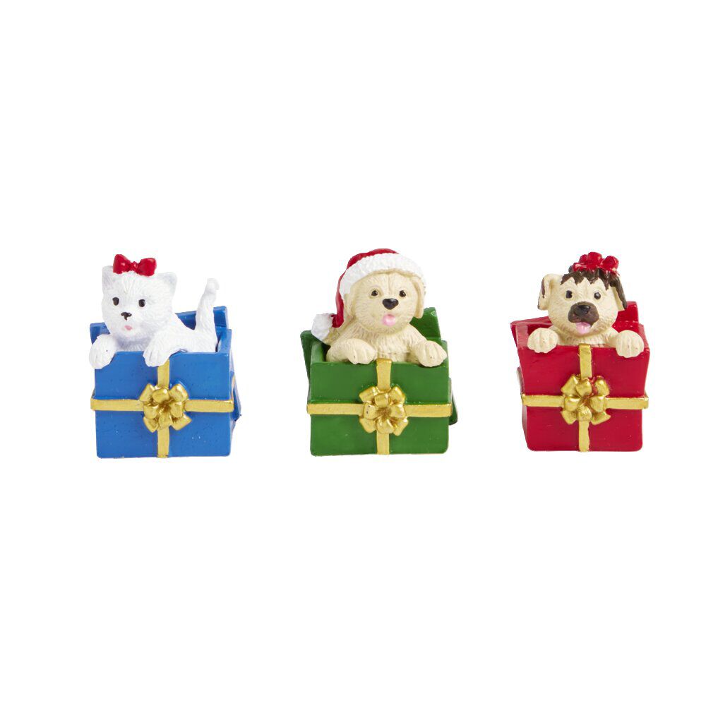Lot de 3 figurines pour village animé de No&euml;l thème chiots