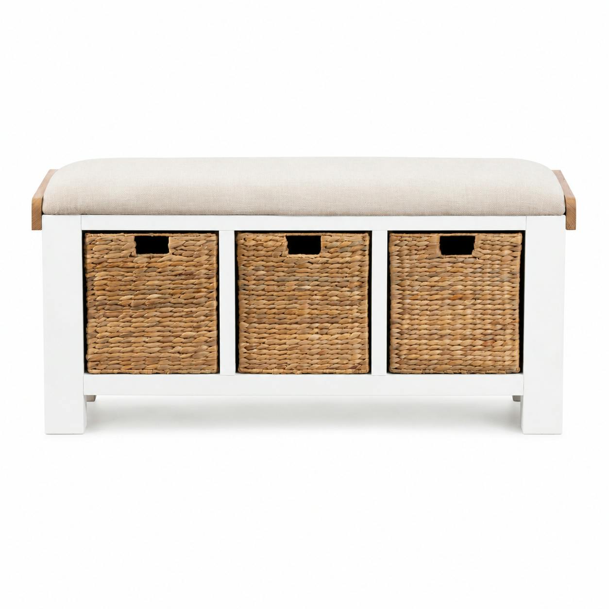 Banc d'entrée blanc coussin d'assise et paniers rangement VELIA