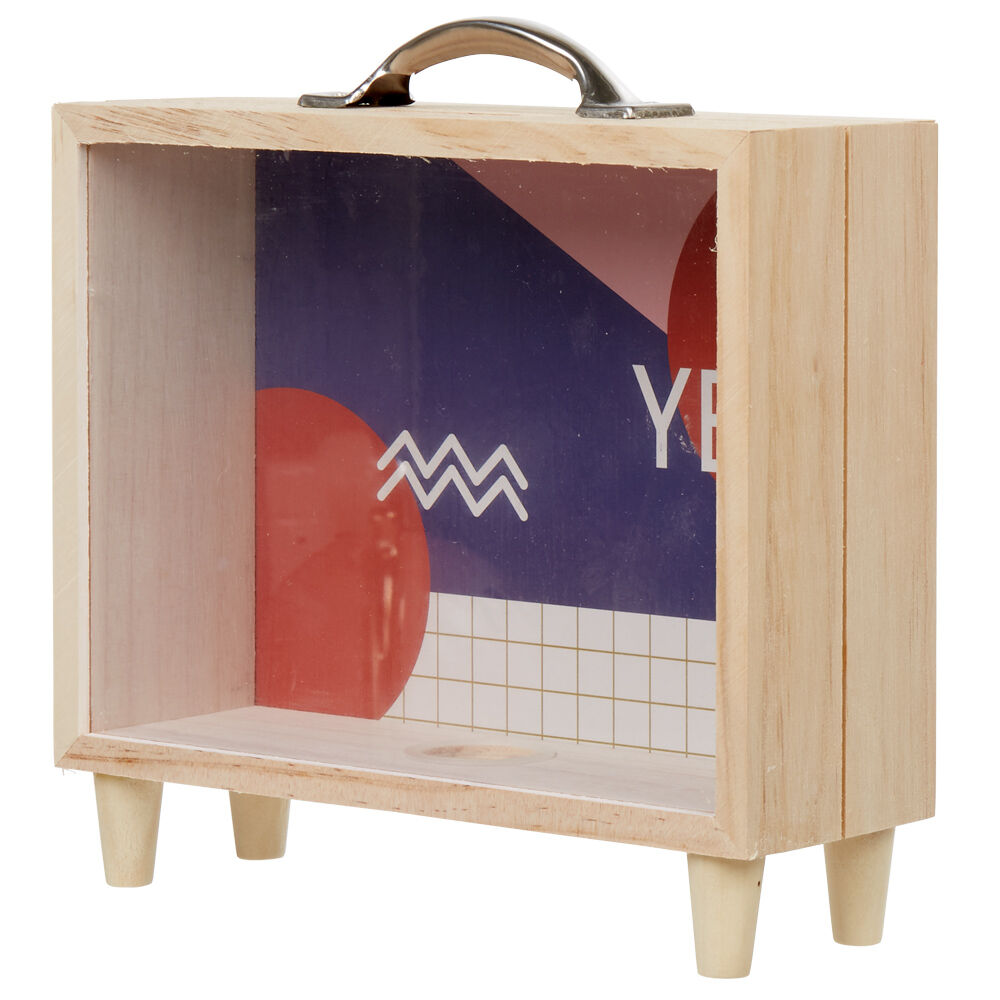 Tirelire bois bleu et blanc motif rond rouge inscription Yes