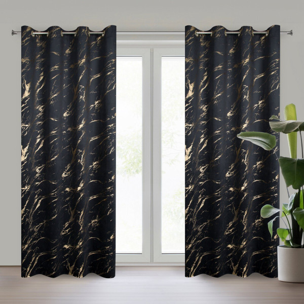 Zasłona MOLLY 140x250 cm czarna z złotym marmurem welwet przelotki