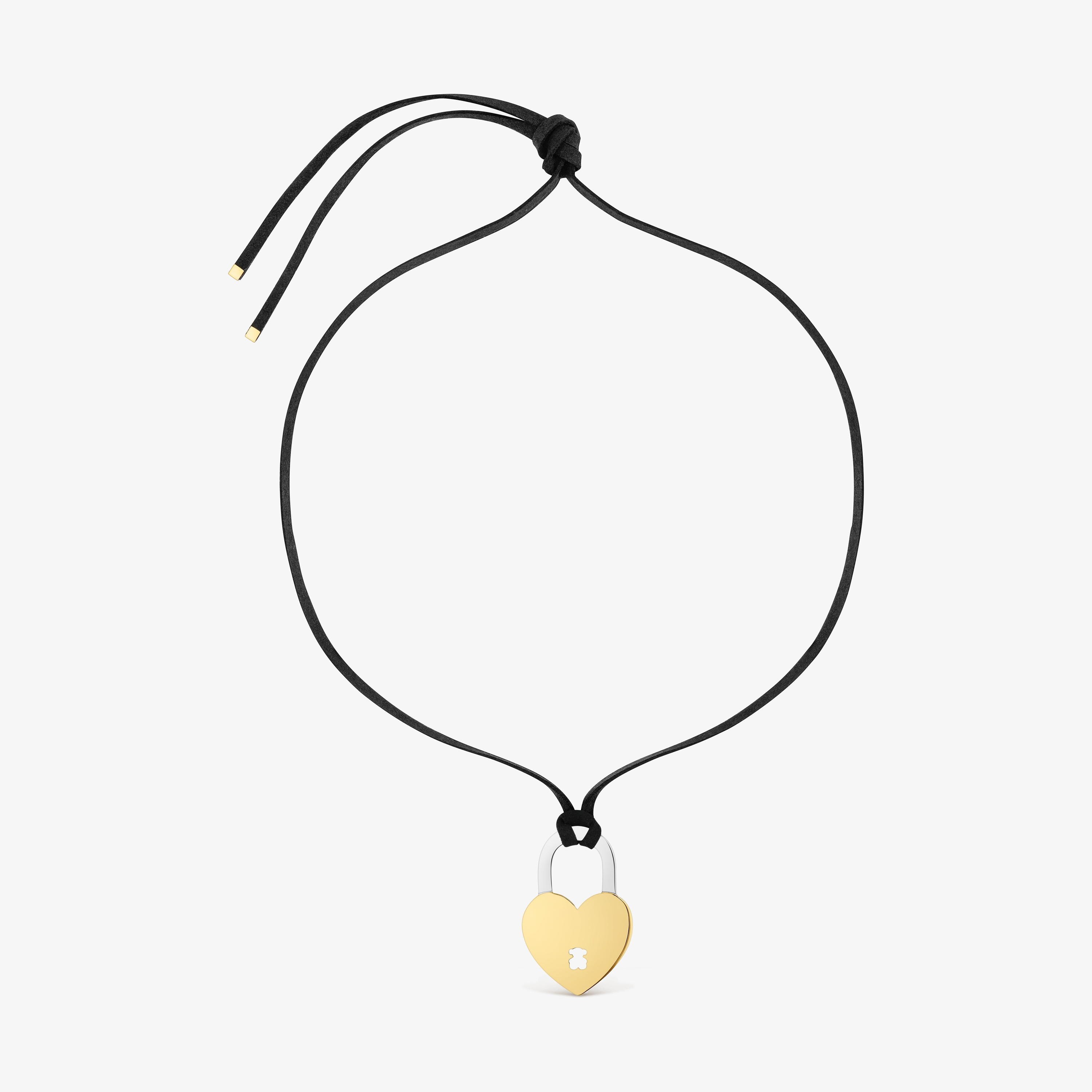 Collar corazón de acero bicolor y cordón negro TOUS Charming