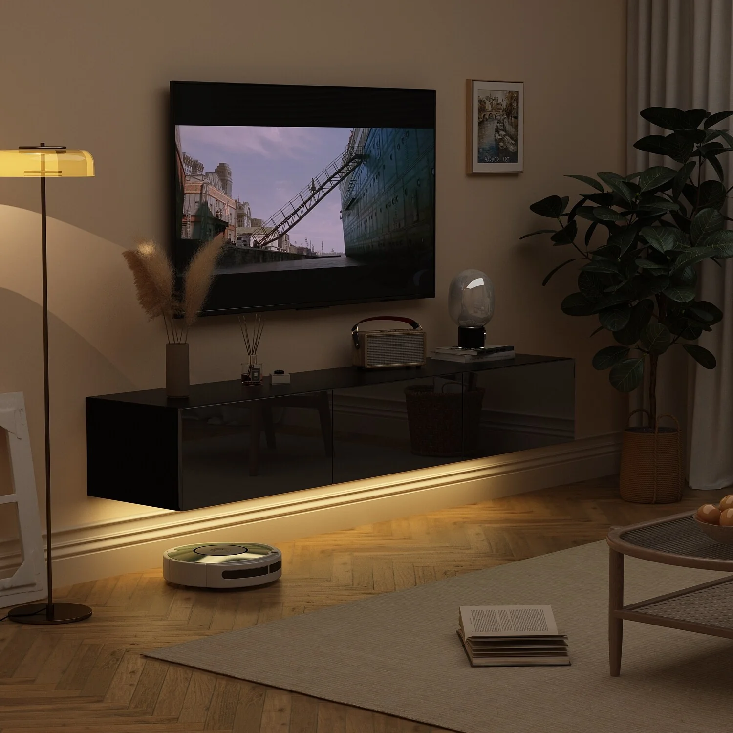 63 TV Stand Hanging TV Consoles Wall TV Cabinet with LED Entertain