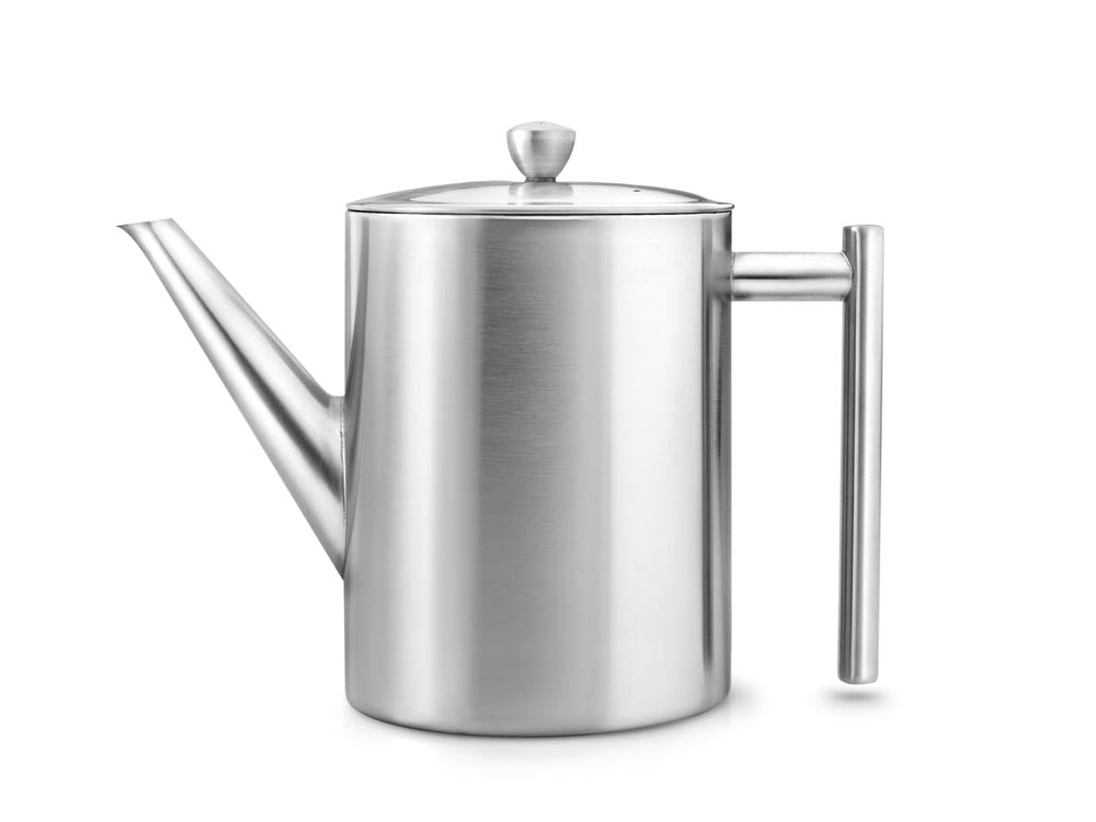 Bredemeijer - Dubbelwandige theepot Minuet Cylindre - 1,2 liter - Mat staal - Met filter