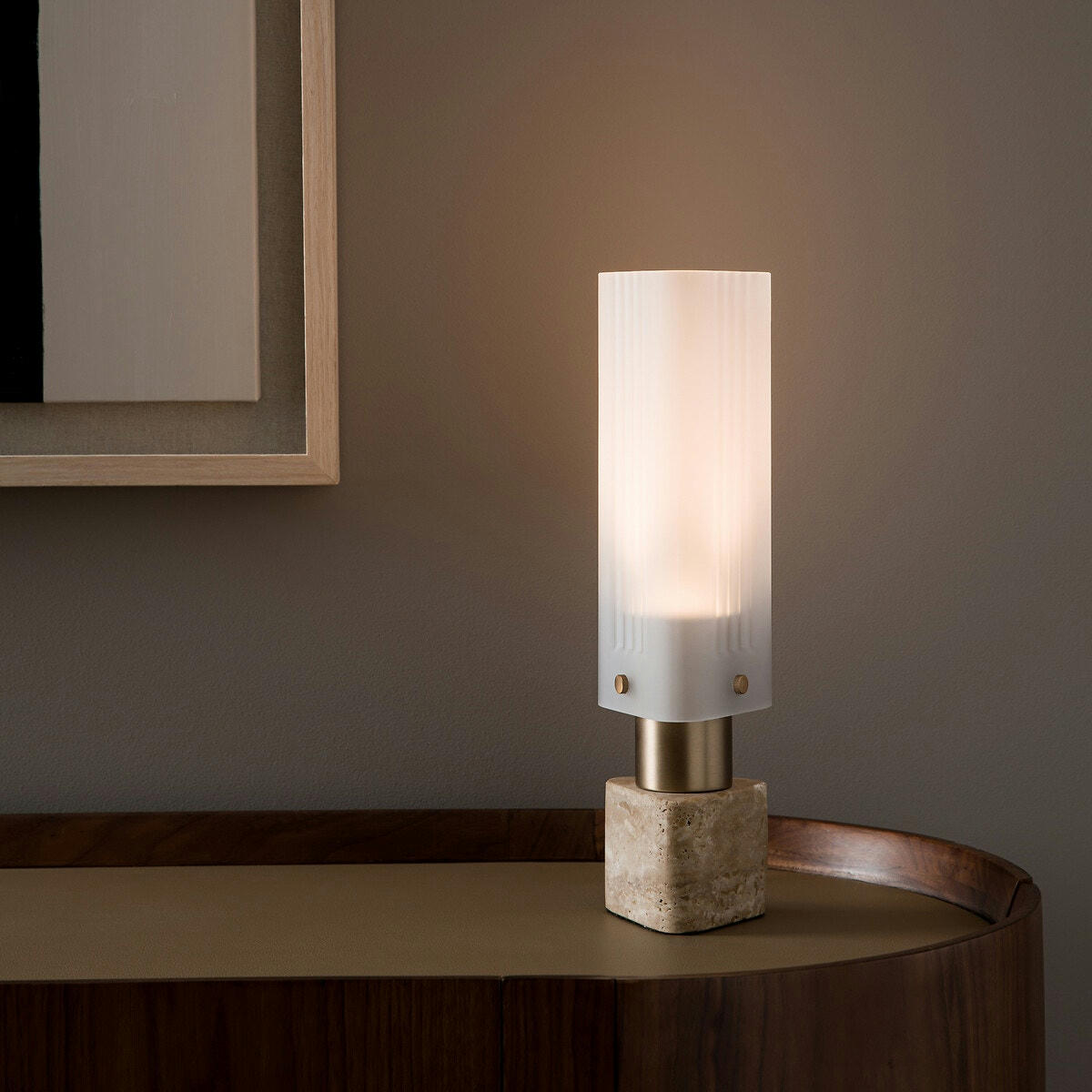 Lampe verre/travertin, Strozzi, design E.Gallina,&