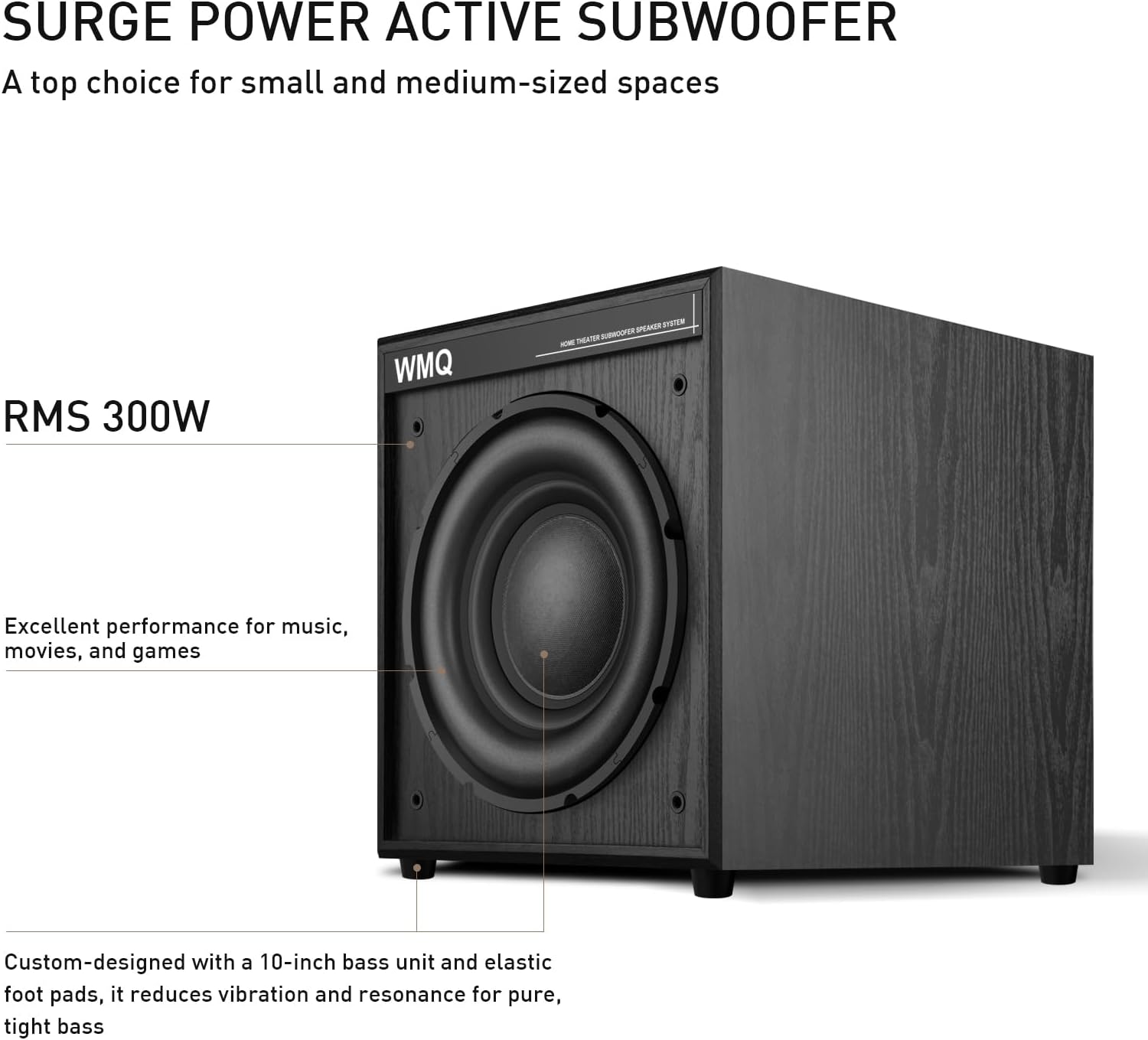 10 Powered Home Subwoofer, 300W RMS, High-Fidelity Bass, MDF Enclosure with Heat Sink