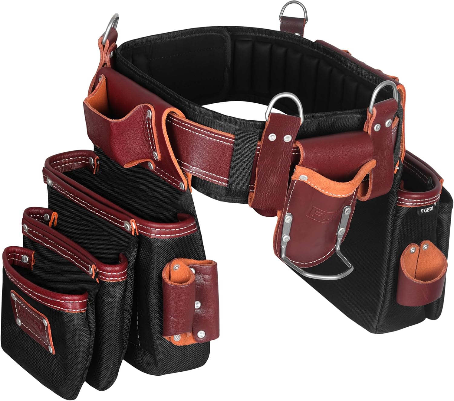 FUERI Electrician's Heavy Duty 26 Pocket Leather-Nylon Tool Belt & Bag Combo for Men, Comfort Back Support Padded Belt, 2 Large Storage Capacity Pouches, Best for Framers, Carpenter, Roofing