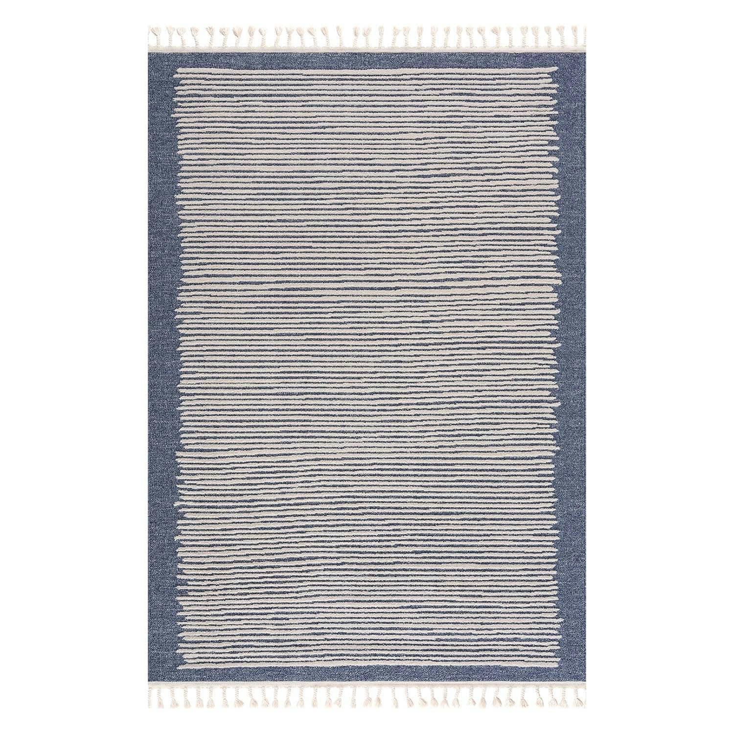 FLÄT - Tapis scandinave à franges tressées bleu et crème 160x230cm