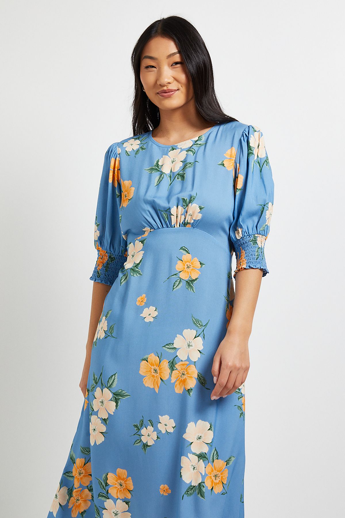 Dorothy Perkins Petite Floral Shirred Cuff Midi Dress