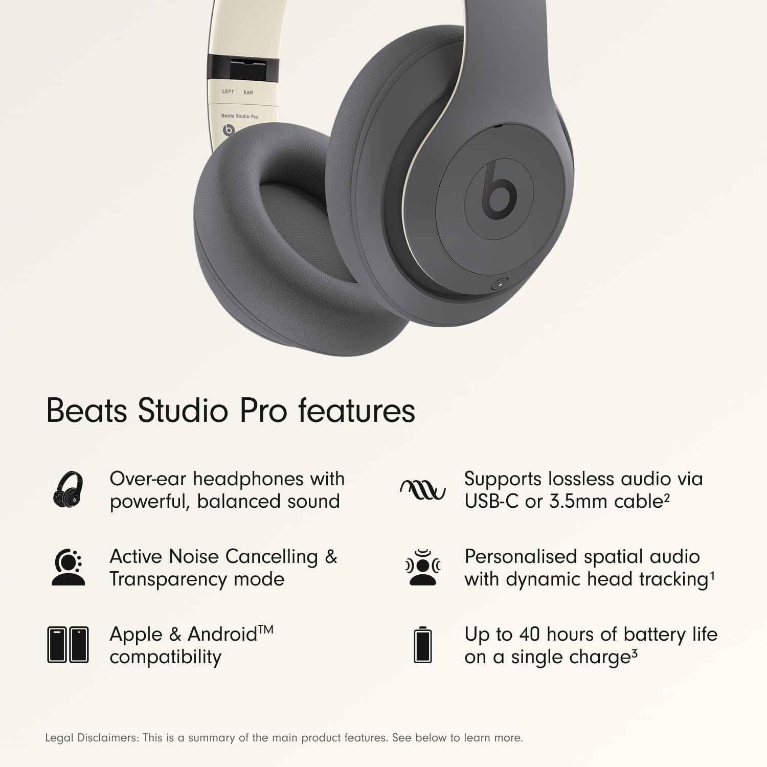 Beats Studio Pro - Premium Wireless Over-Ear Headphones- Up to 40-Hour Battery Life, Active Noise Cancelling, USB-C Lossless Audio, Apple & Android Compatible - Amazon Exclusive Sand Gray