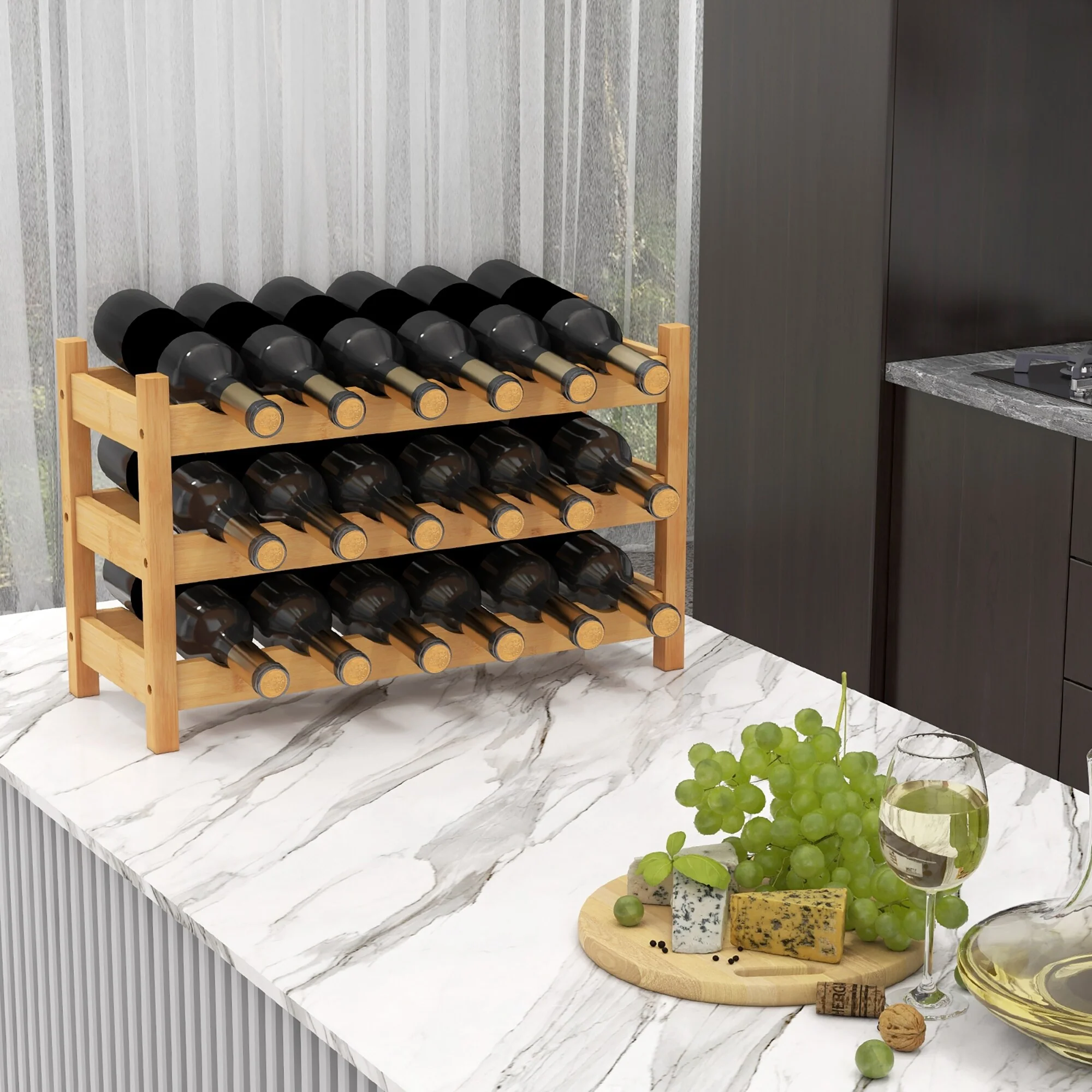 Gymax 3 Tier 18 Bottle Wine Storage Cabinet Shelf Bamboo Wine Rack for