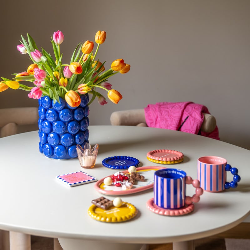 Vaas smiley - blauw - &Oslash;18.5x23.5 cm - Happy at Home by Sanny