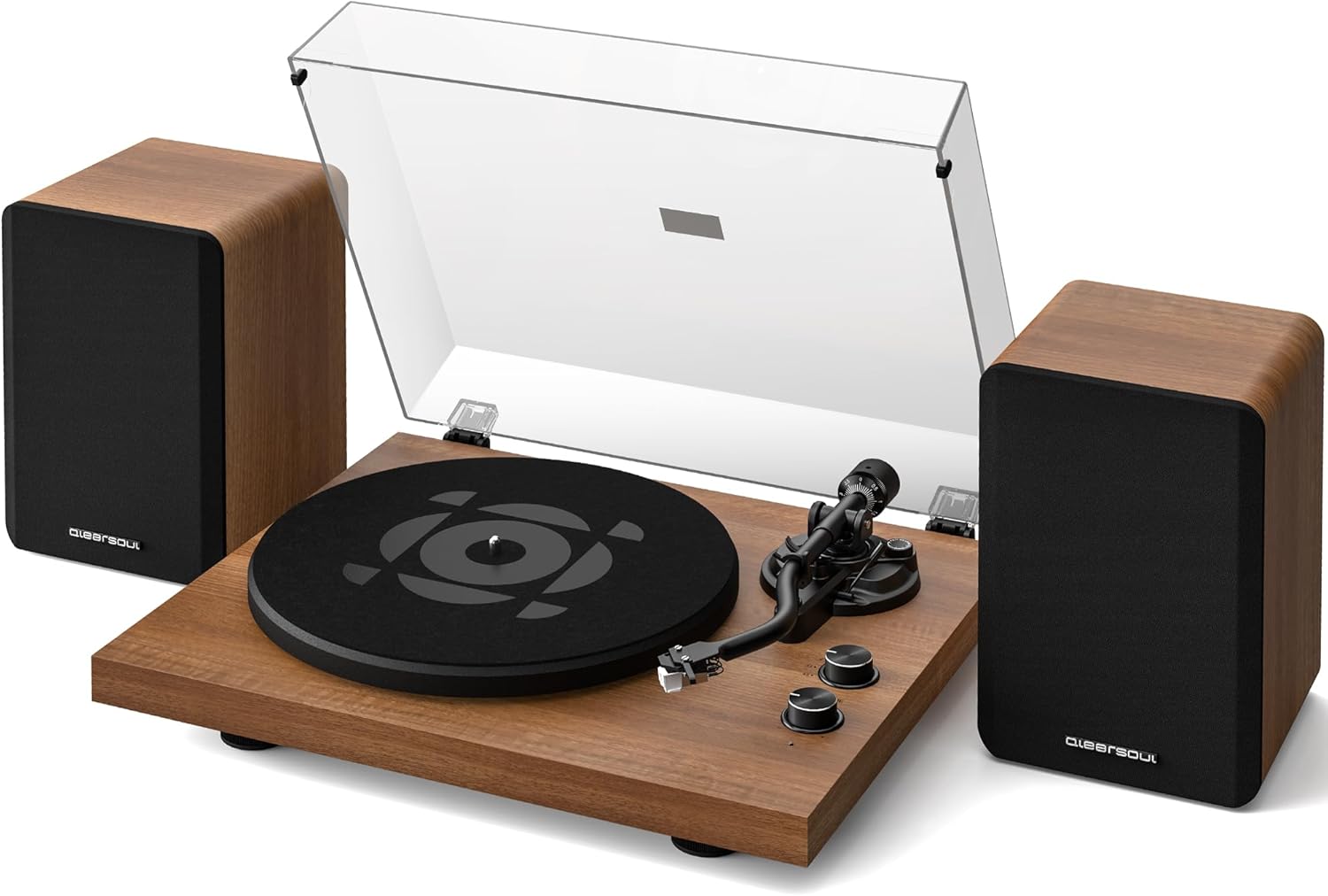SoulBox S1 Vinyl Record Player with Stereo Speakers  Turntable with Built-in Preamp  S-Shaped Tonearm  33/45 RPM - Walnut