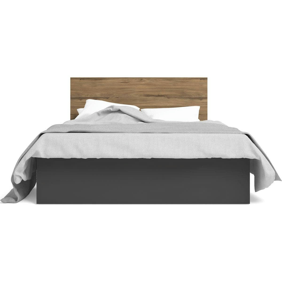 AURELIA - Lit coffre 160x200 cm gris anthracite avec tête de lit effet noyer