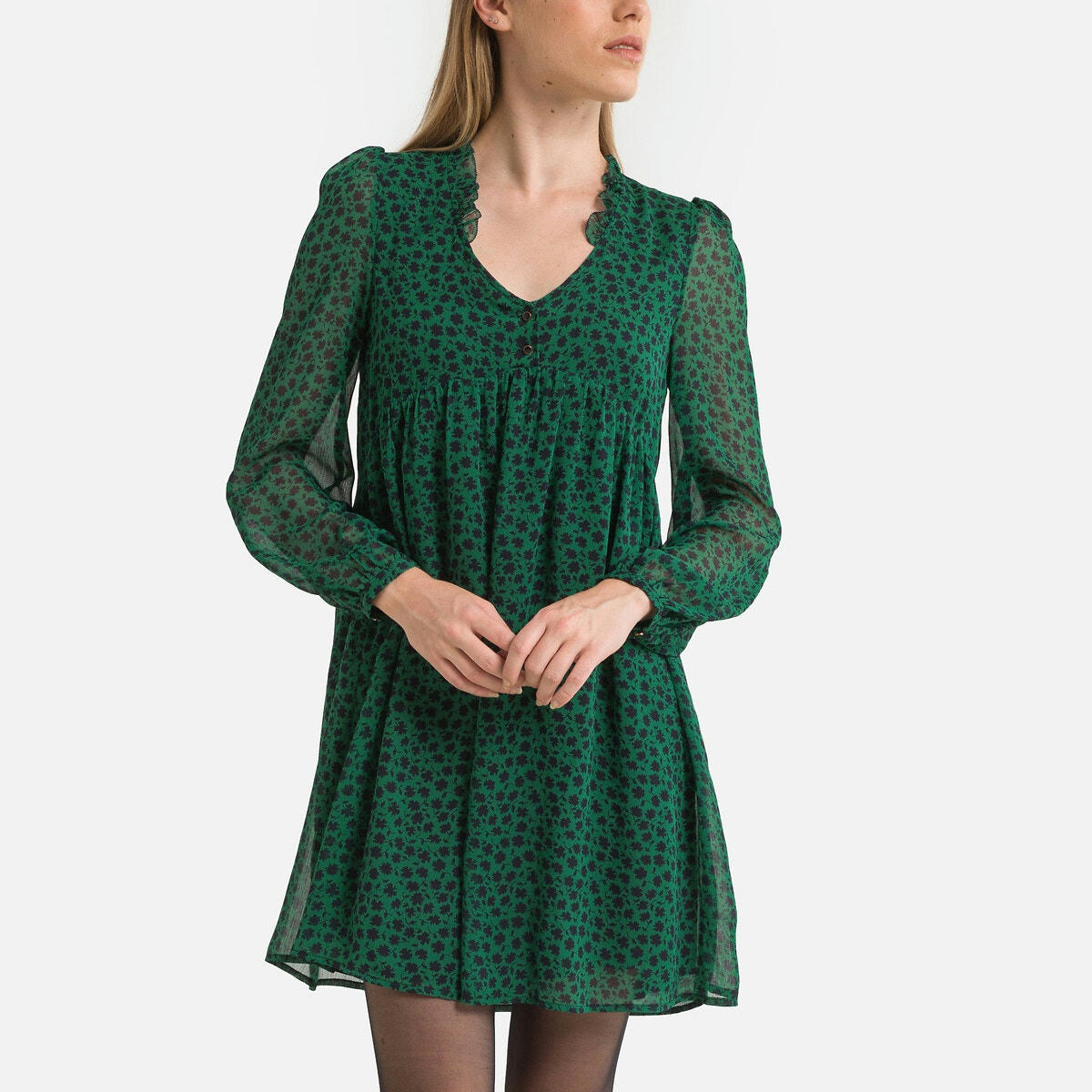 Robe trapèze courte imprimée, encolure V