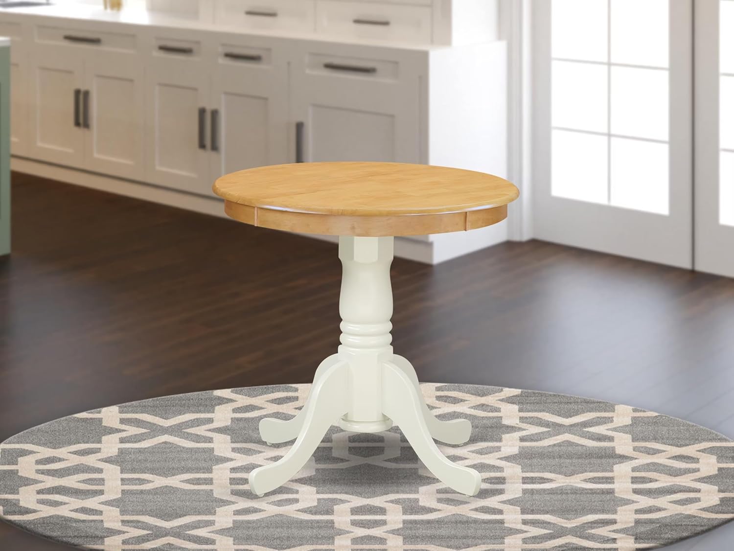 East West Furniture EMT-OLW-TP Eden Dining Room Table - a Round kitchen Table Top with Pedestal Base, 30x30 Inch, Oak & Linen White