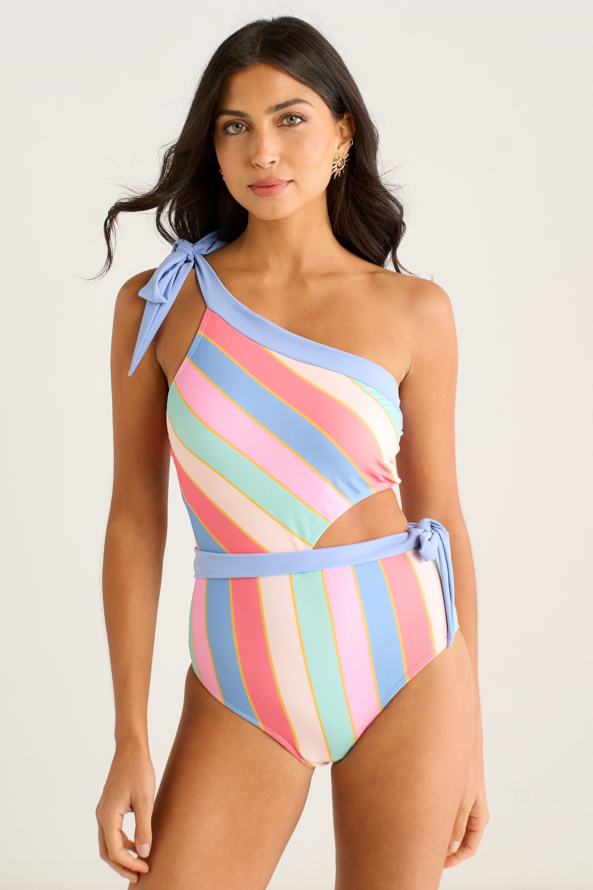 Gini London Multi Stripe Tie Detail One Shoulder Swimsuit