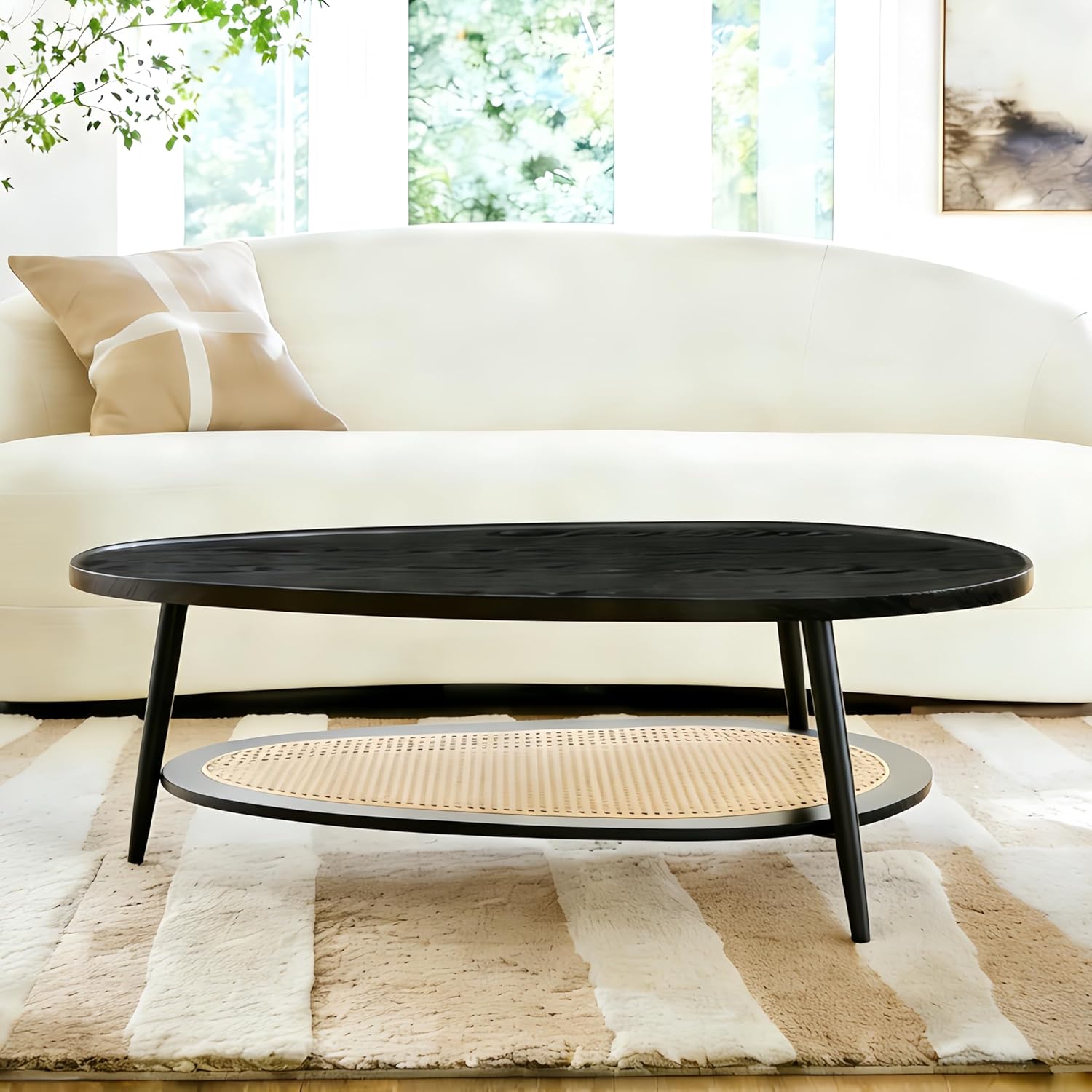 Shrine Oval Wood and Rattan Coffee Table, Mid-Century Modern Coffee Table, Two-Tier Black Walnut Table for Living Room, D47.2''x W25''x H15.3'', Walnut Wood Top and Woven Rattan Base
