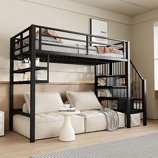 Lit mezzanine 90x200 cm - Lit avec rangement sous escalier et étagères intégrées - Métal et MDF - Sans matelas - Noir